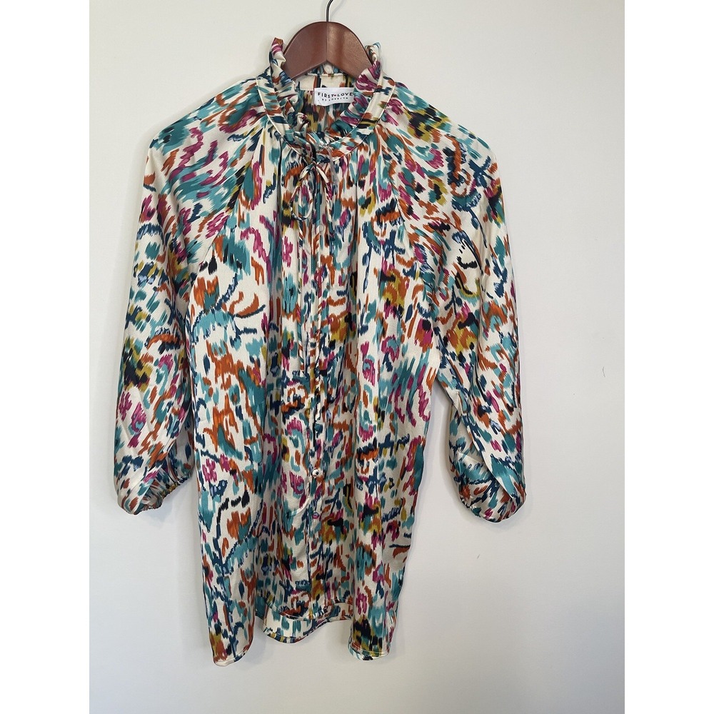 First Love By Lovelyn Shirt Abstract Floral Size L Boho Ruffle Standup Collar